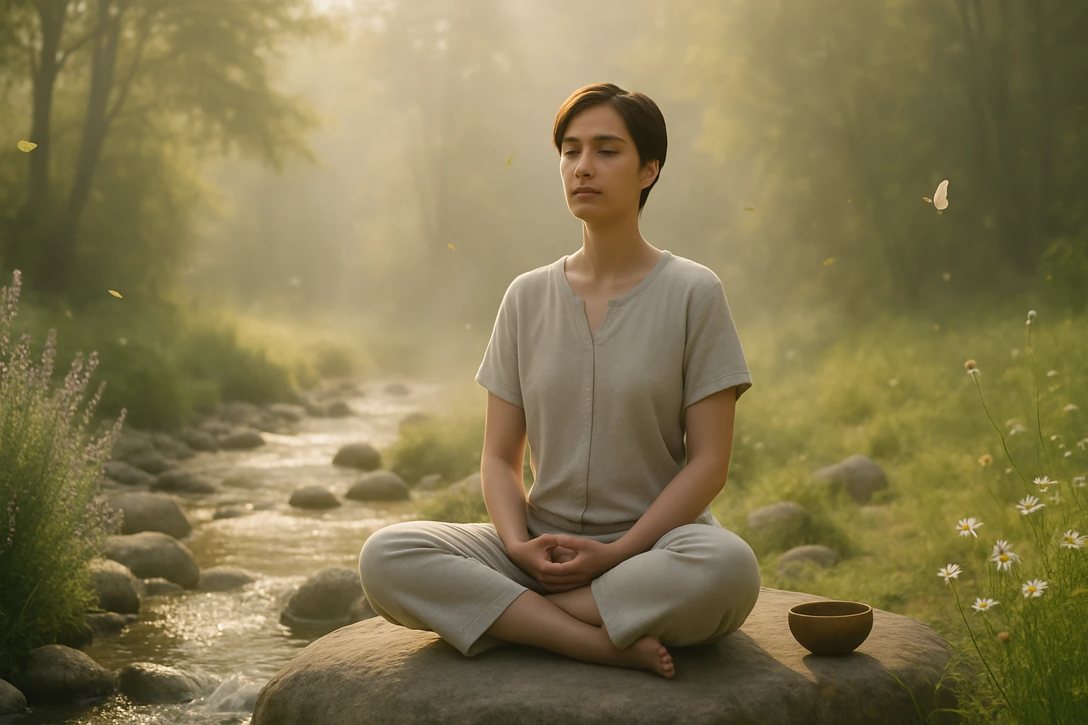 Egy fiatal nő meditál egy folyóparton, körülötte zöld növényzet és kövek.