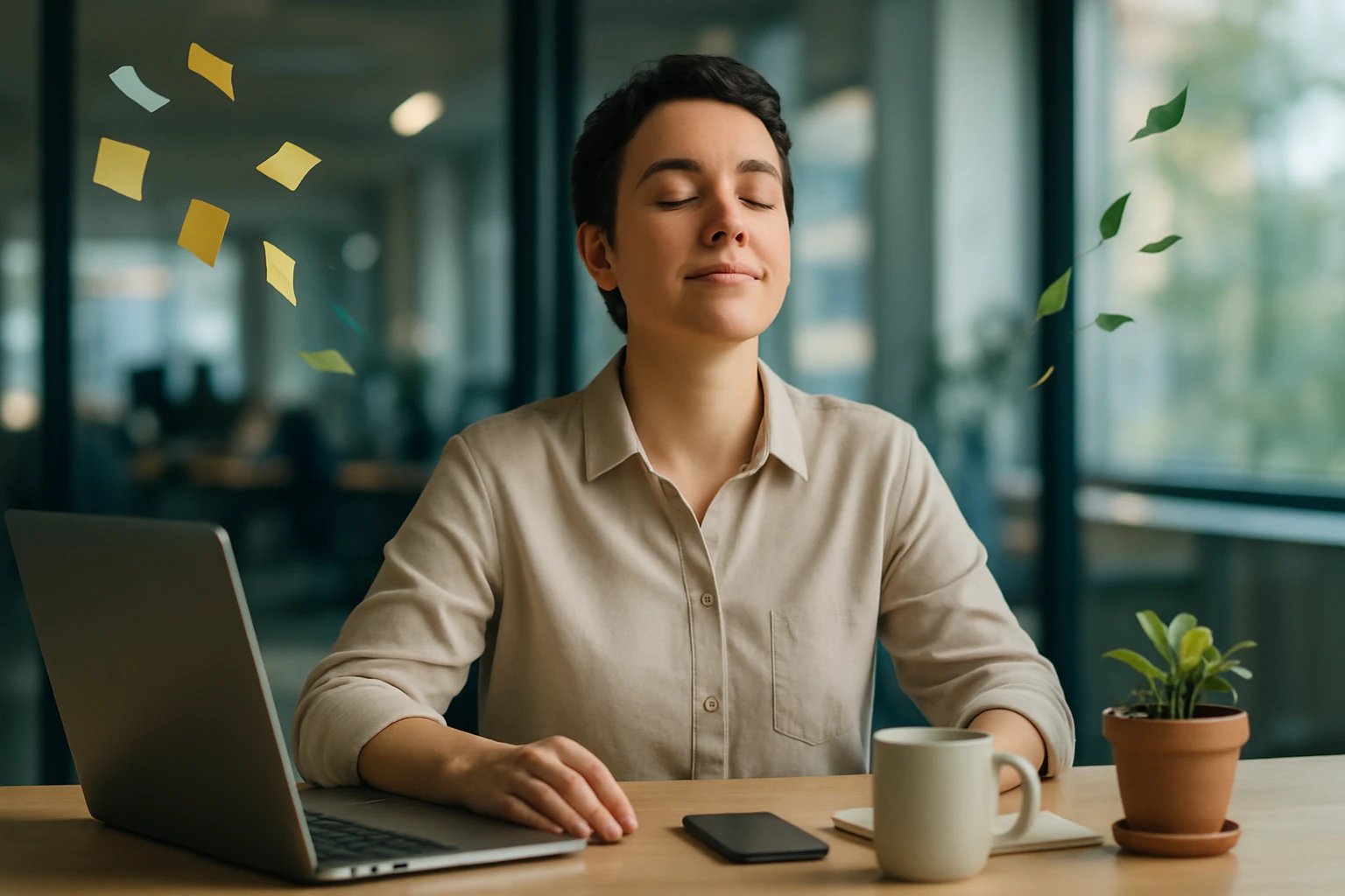 Egy fiatal nő meditál az irodában, laptop és kávé mellett ülve.