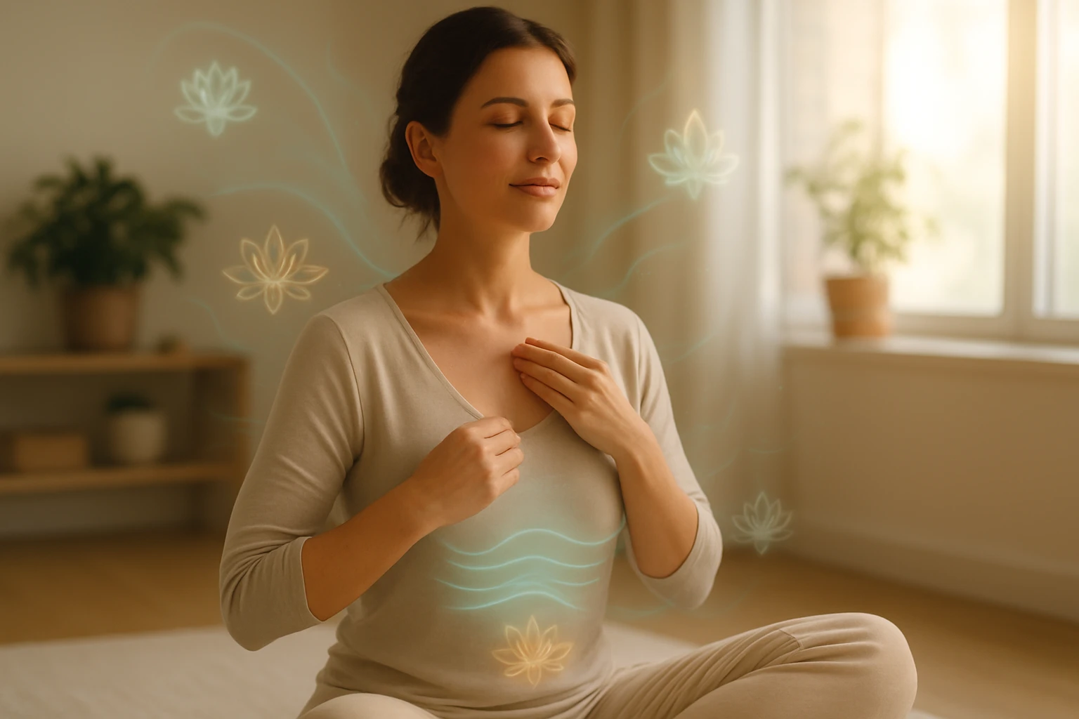 Egy nő meditál, kezét a szívén tartja, nyugodt környezetben.