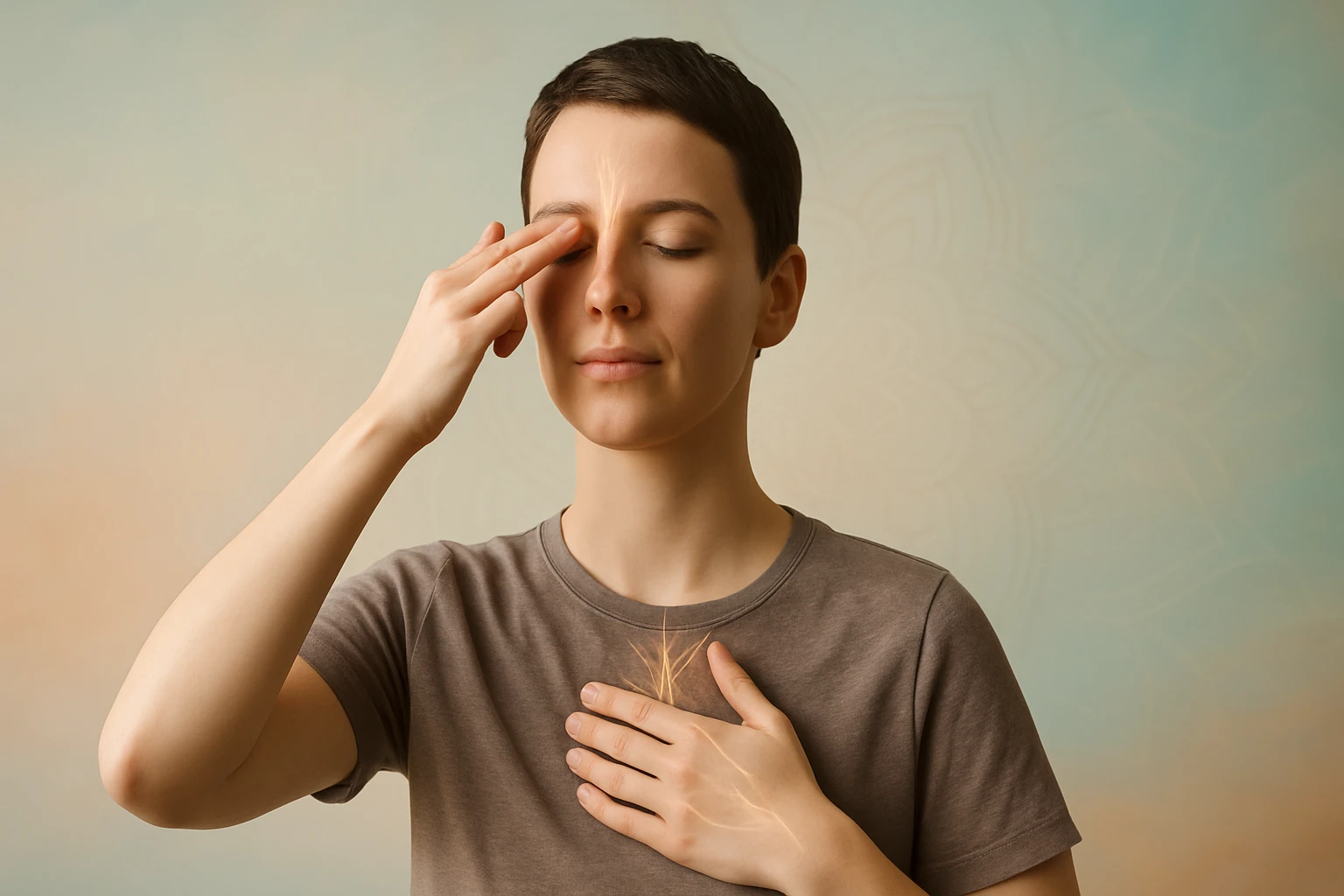 Egy fiatal nő meditál, kezével az arcán, nyugodt kifejezéssel.