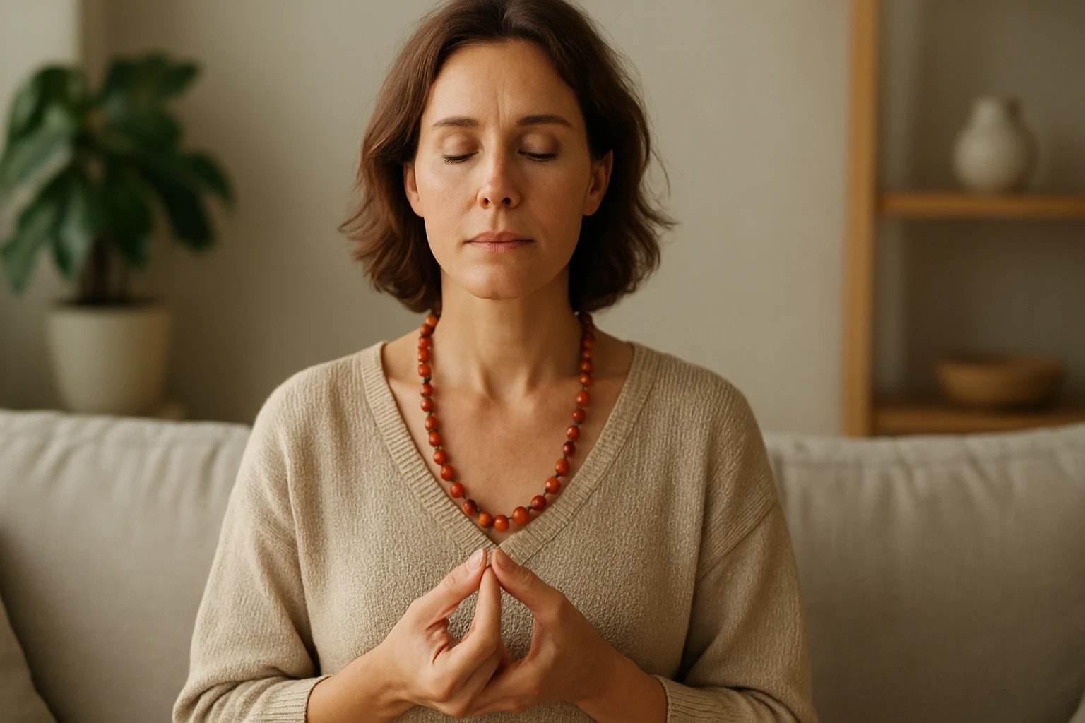 Egy nő meditál, szemét lehunyva, nyugodt környezetben, kényelmes pulóverben.