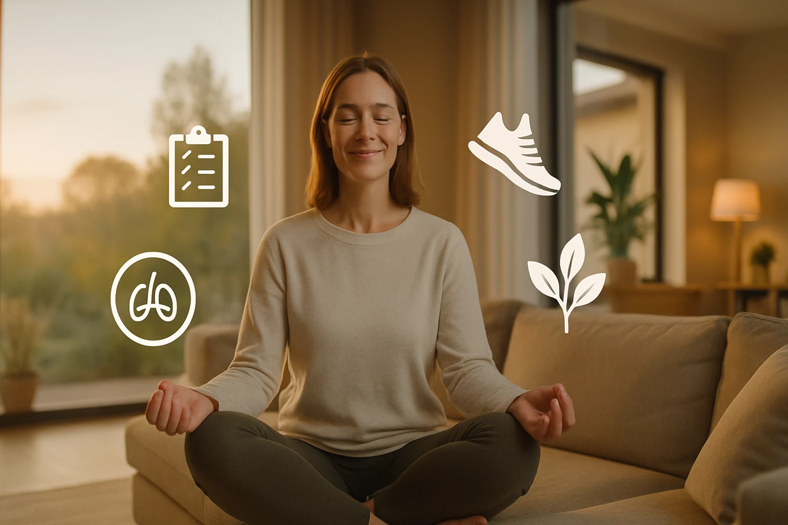 Egy nő meditál a kanapén, körülötte egészséges életmóddal kapcsolatos ikonok.