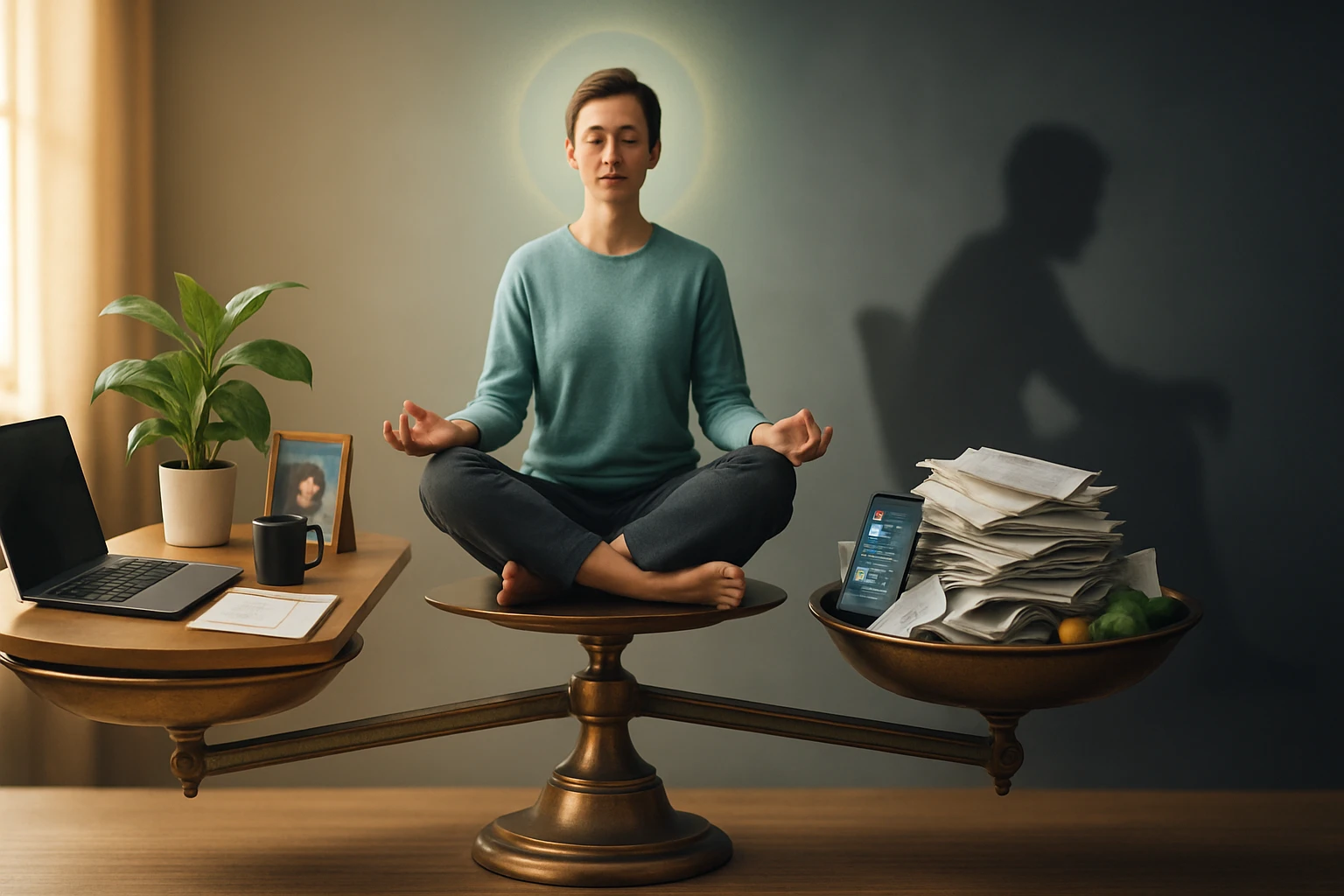 Egy fiatal nő meditál, miközben egyensúlyoz a munka és a magánélet között.