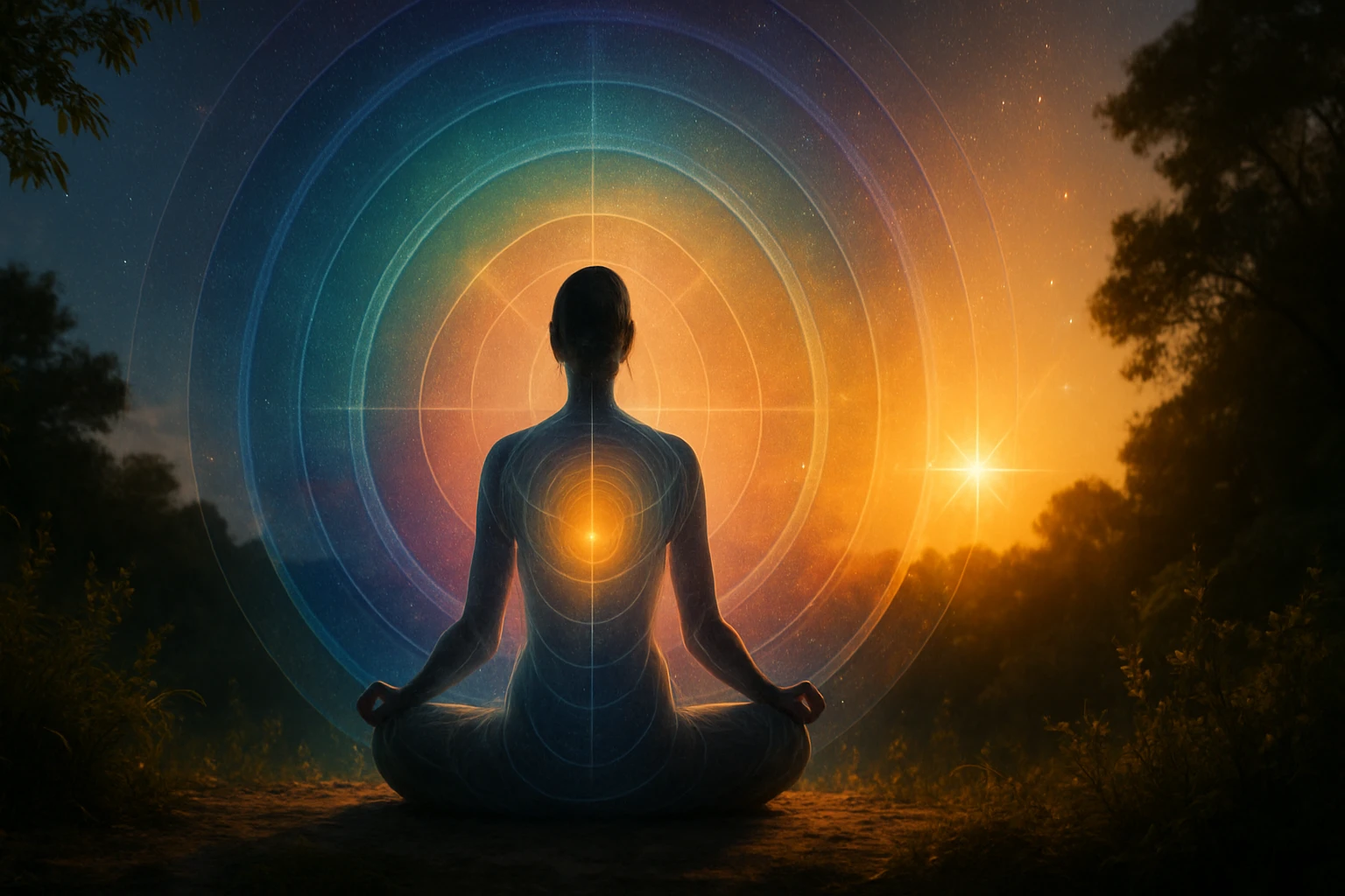 Egy meditáló személy látható, akinek hátán színes energiaörvények vannak.