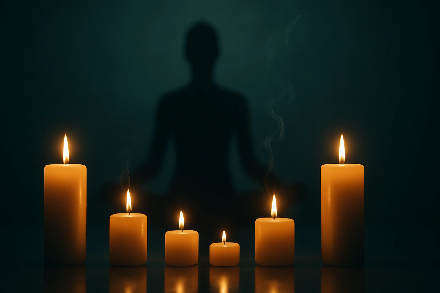 Több gyertya látható, háttérben egy meditáló alak árnyéka.