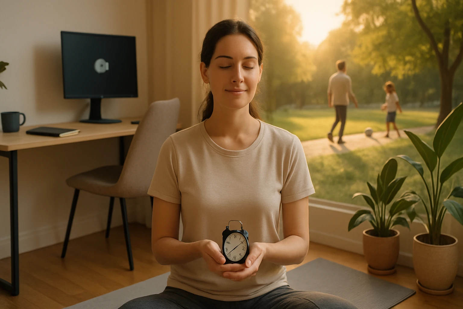 Egy nő meditál, kezében egy óra, háttérben család játszik a szabadban.