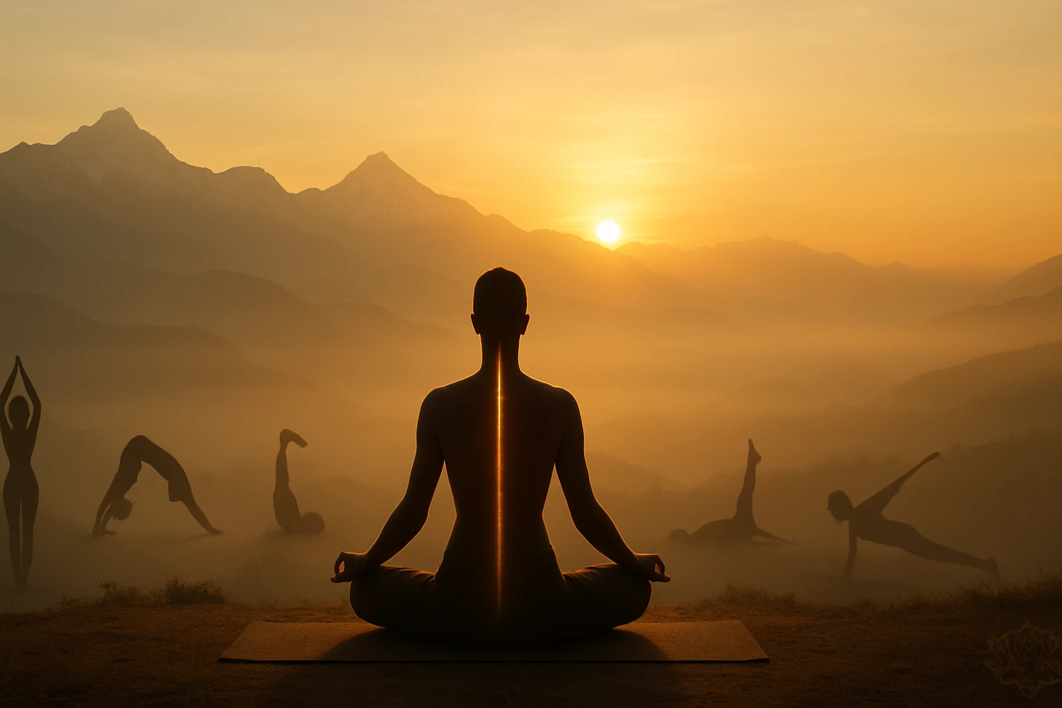 Egy meditáló figura háttérben hegyekkel és naplementével, körülötte különböző jógapózokban lévő alakok.