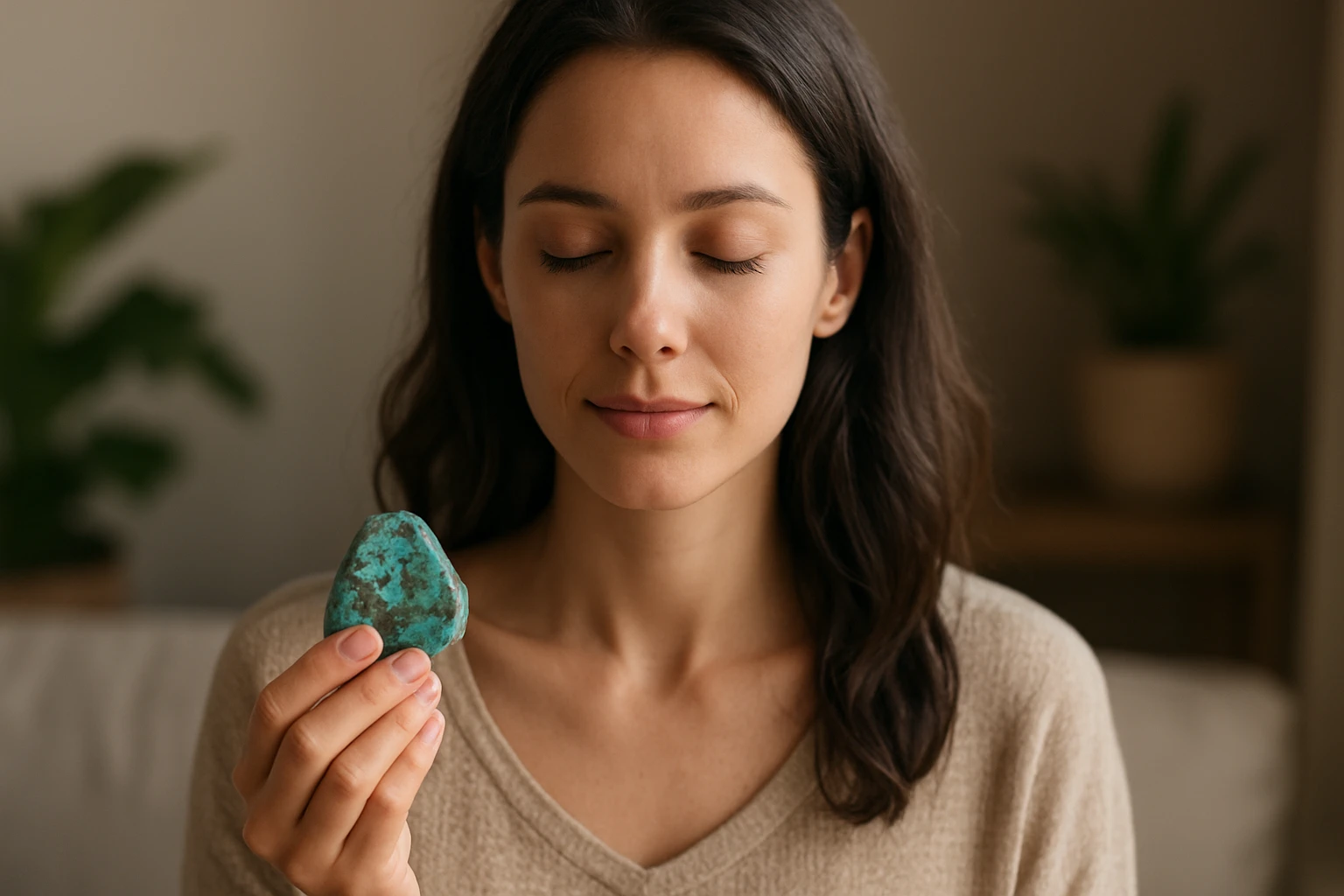 Egy nő meditál, kezében egy zöldes kővel, szemét lehunyva.