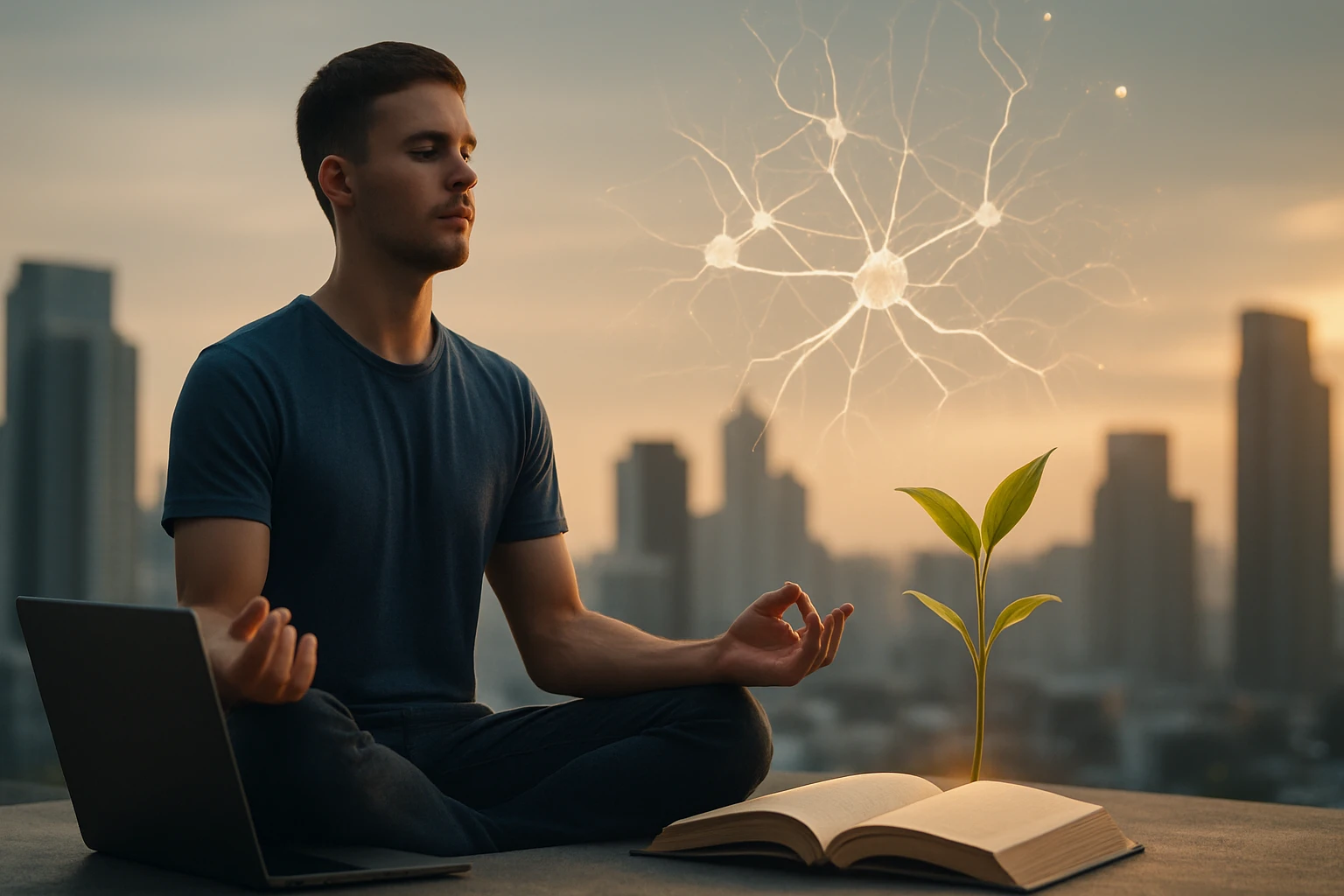 Egy fiatal férfi meditál a város fölött, laptop és könyv mellett, növény mellett.