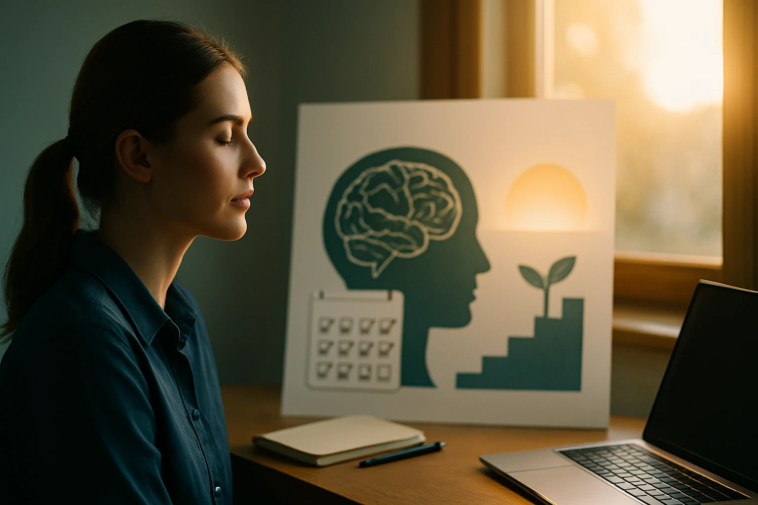 Egy fiatal nő meditál, háttérben egy grafika az elméjéről és a növekedésről.