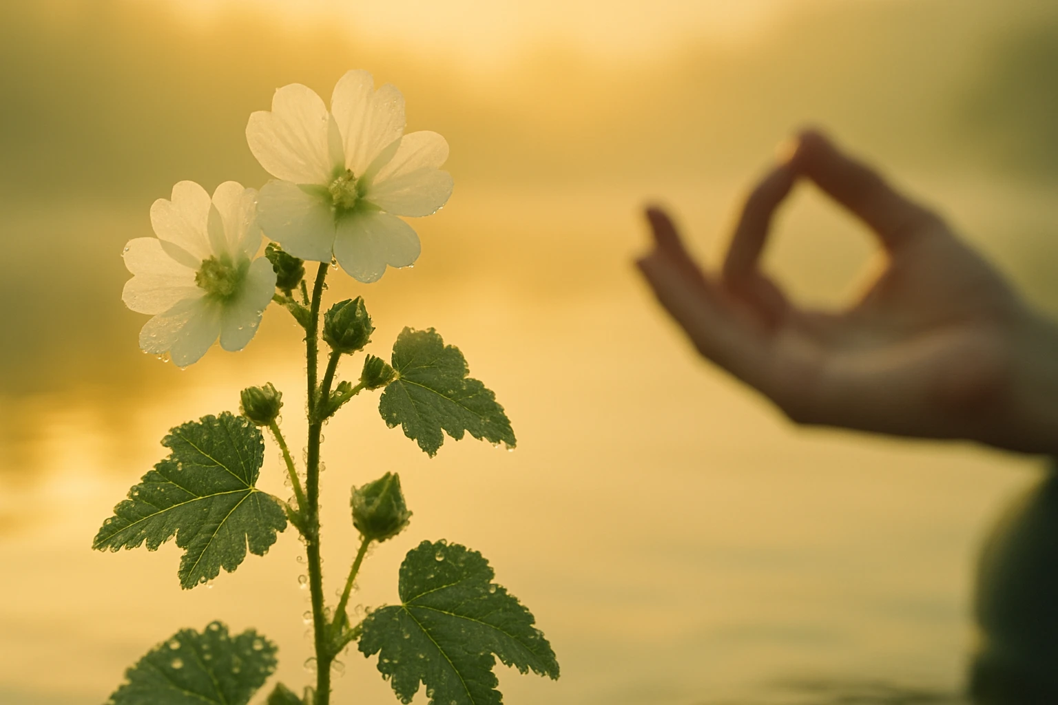 Egy vízparton álló fehér virág, cseppkönnyekkel, háttérben egy meditáló kéz.