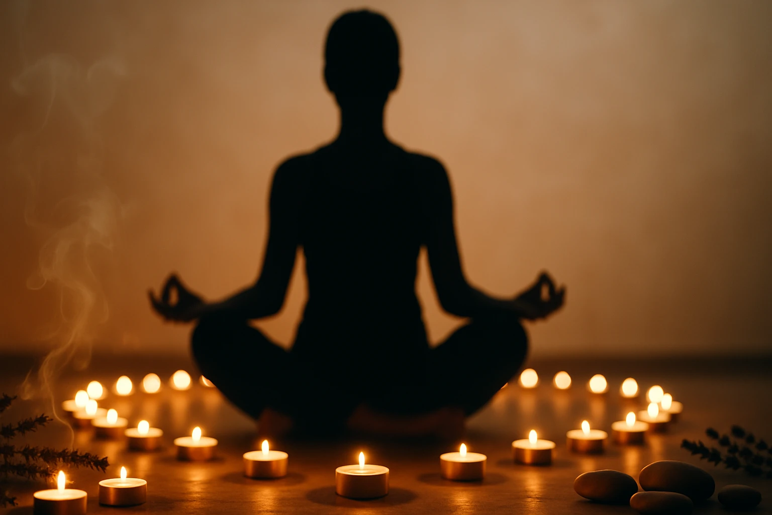 Egy meditáló személy ül a földön, körülötte gyertyák égnek.