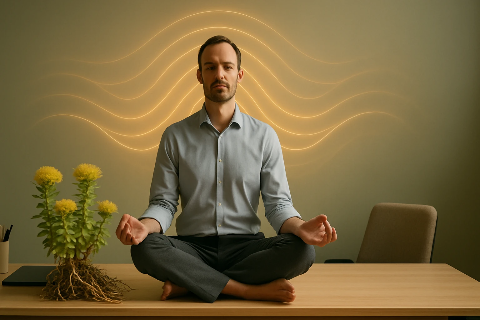 Egy férfi meditál egy asztalon, háttérben lágy fények és növények.