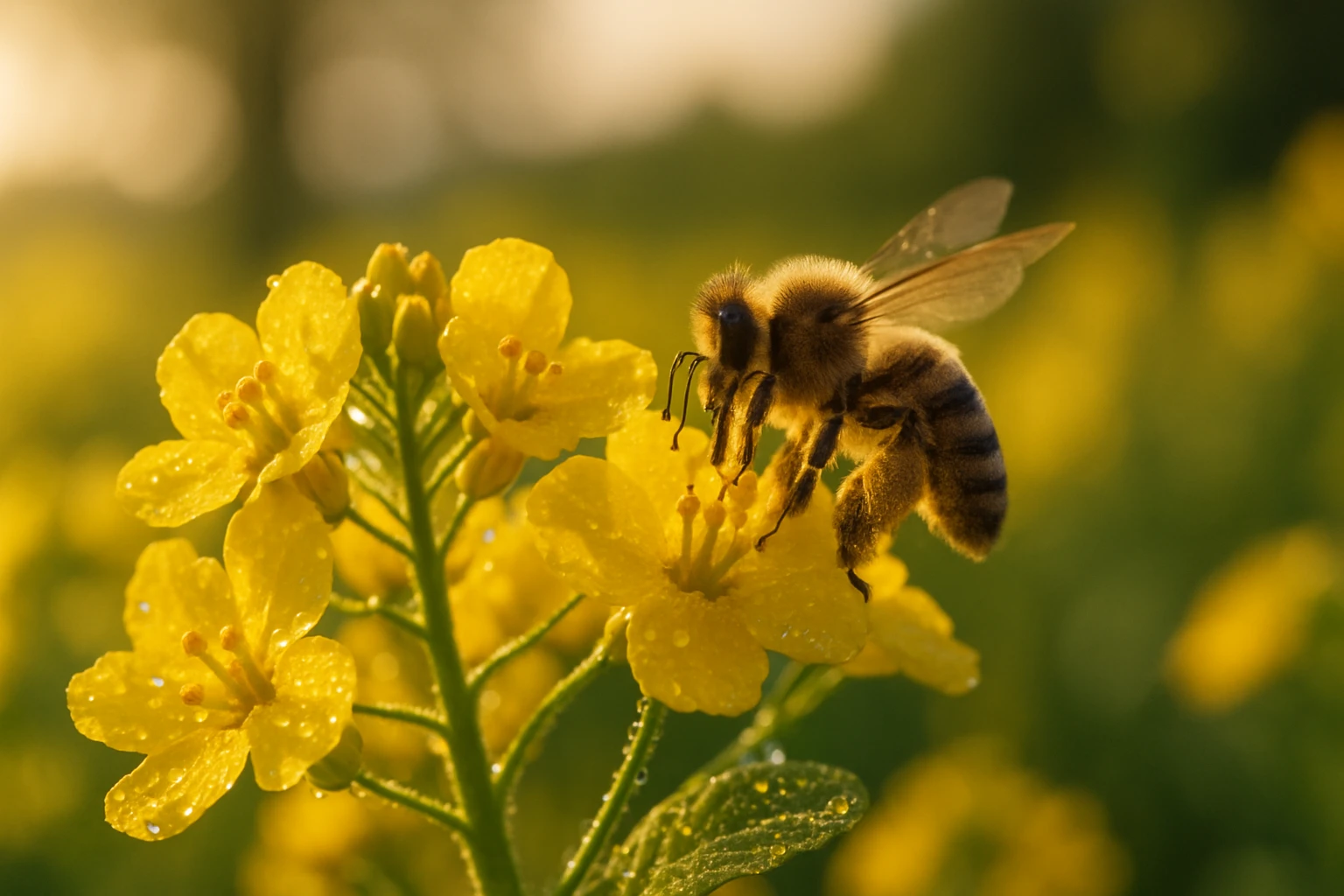 Egy méh virágpor gyűjtése sárga virágokon, reggeli harmatcseppekkel.