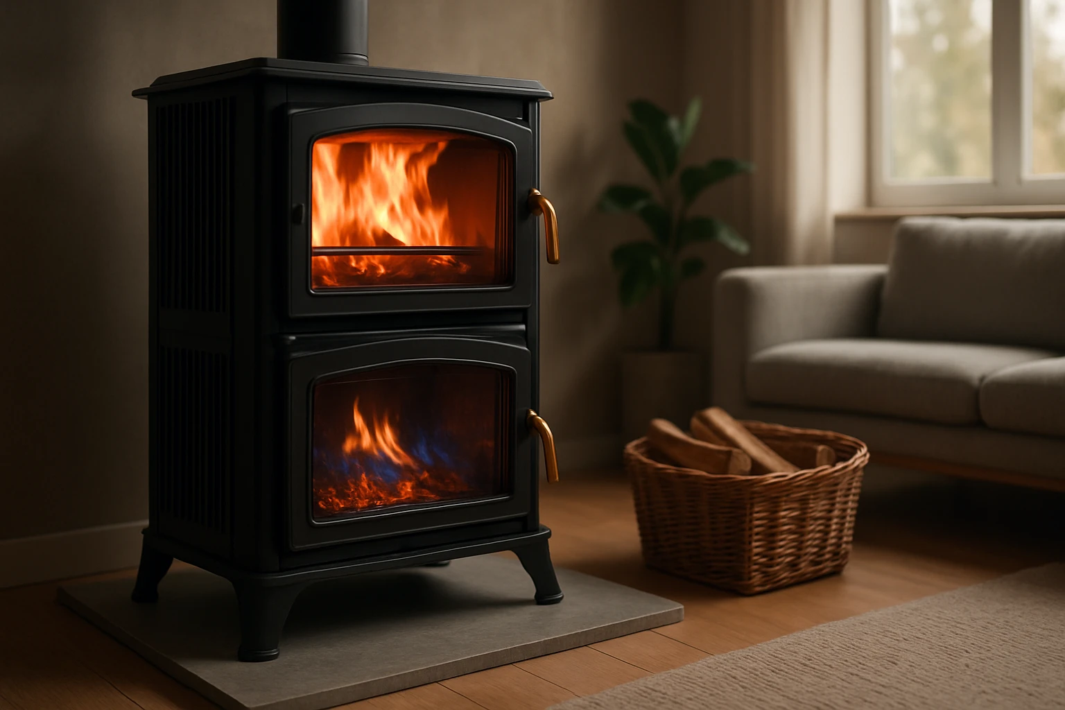 Egy modern, fekete kályha lángokkal, mellette fából készült tűzifa kosár.