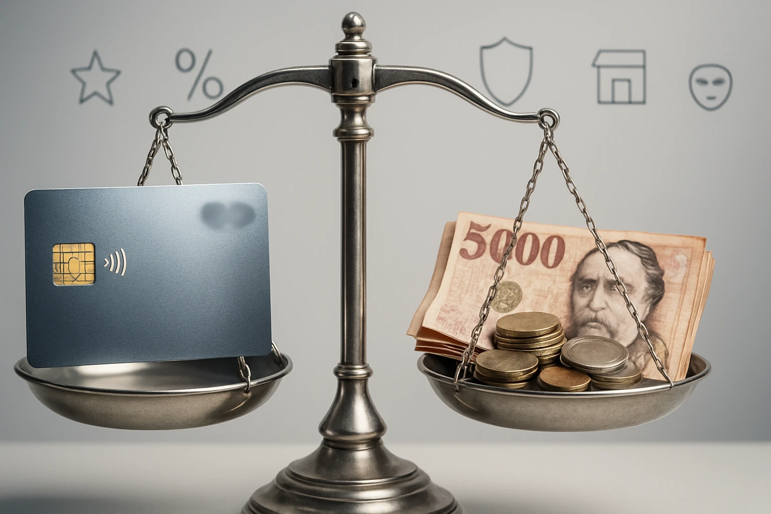 Egy mérleg, bal oldalán bankkártya, jobb oldalán készpénz és érmék.