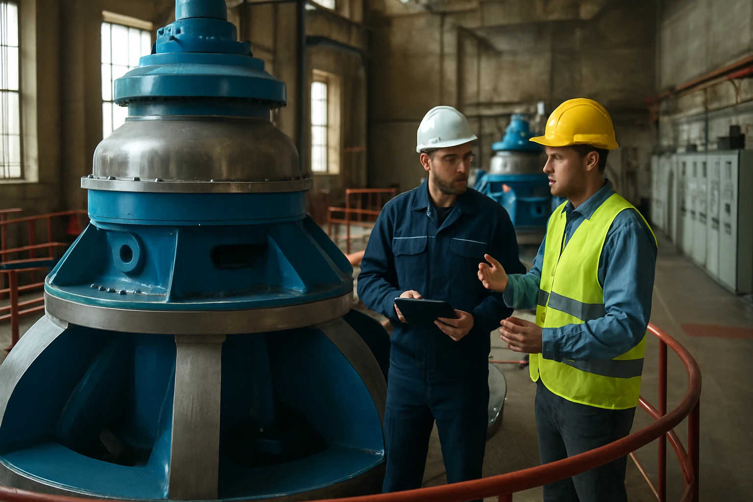 Két mérnök beszélget egy ipari létesítményben, háttérben nagy gépekkel.