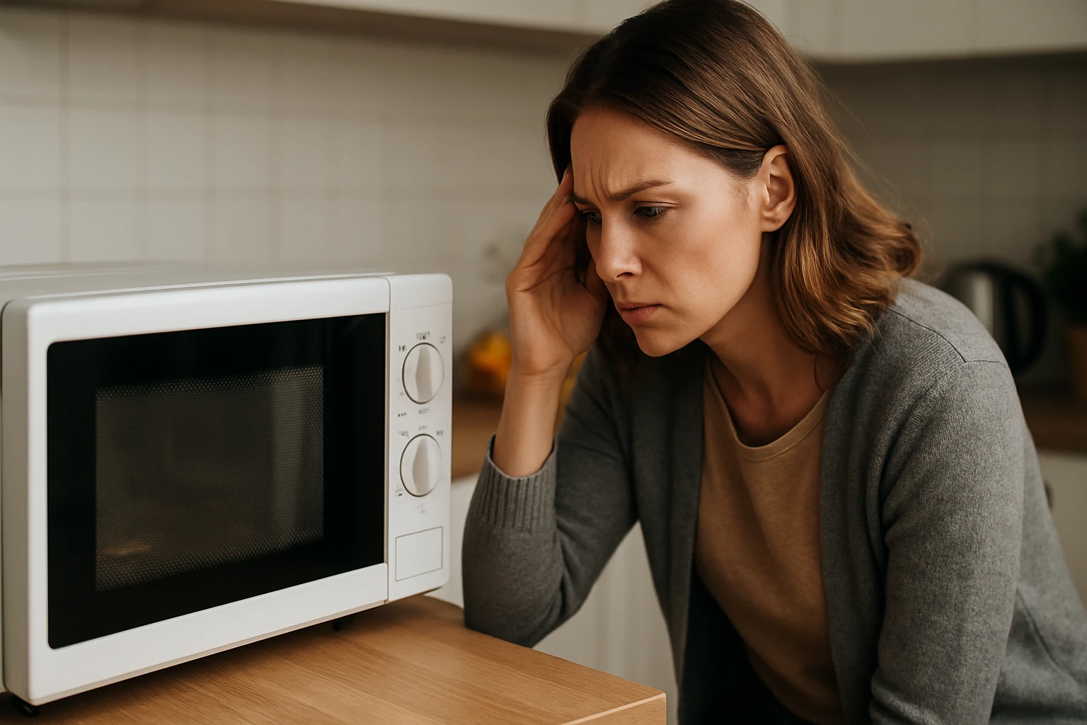 Egy nő aggódva néz egy mikrót, miközben a fejét fogja.