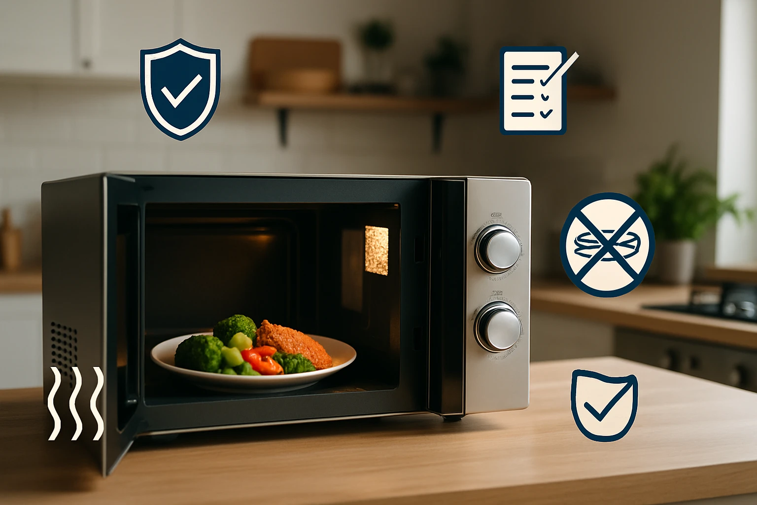 Egy mikrosütő, benne tányéron zöldségekkel és csirkével, háttérben konyhai elemekkel.