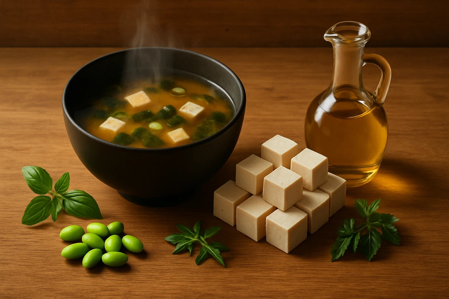 Gőzölgő miso leves tofu kockákkal, zöldségekkel és olajjal.