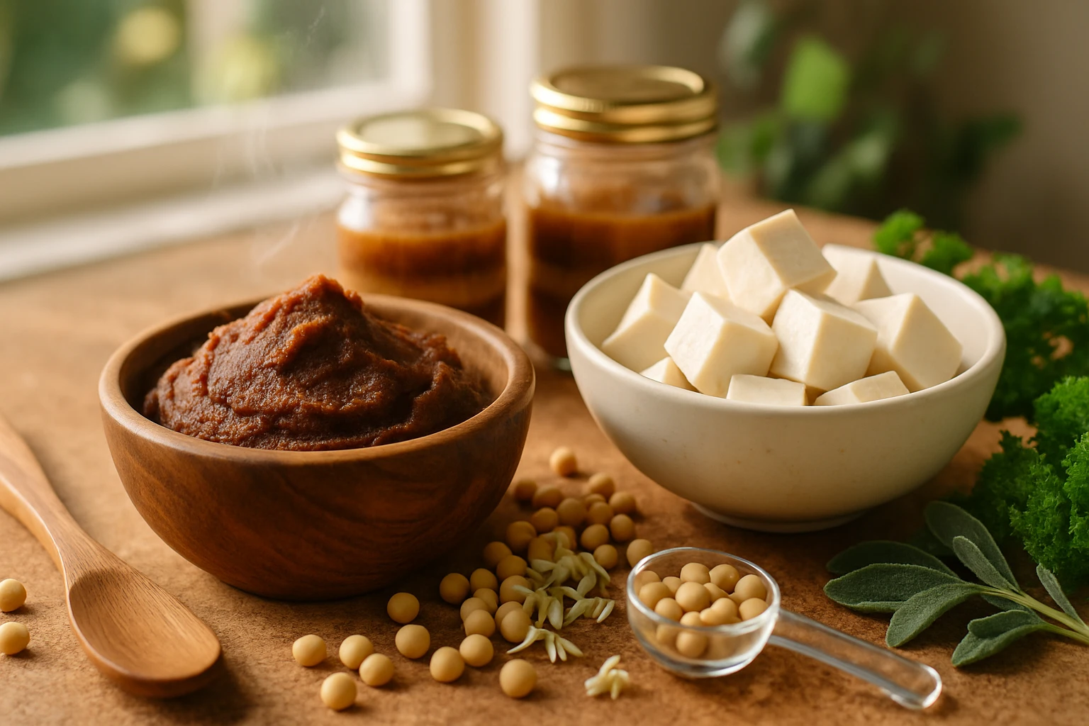 Egy tálban miso paszta, mellette tofu kockák, szója és fűszernövények.