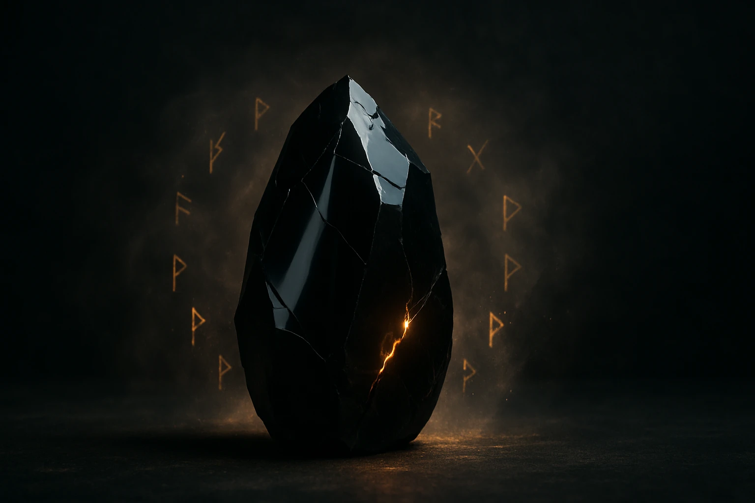 Fekete, repedezett tojás alakú kő, aranyszínű rúna jelek körülötte.