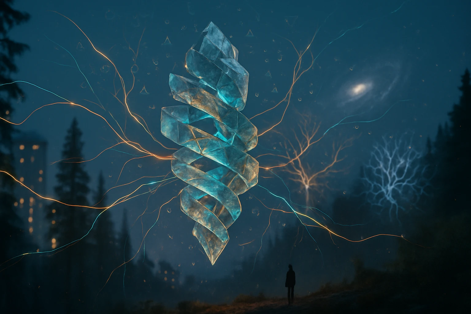 Egy spirális, áttetsző kristály a sötét erdőben, elektromos ívek körülötte.