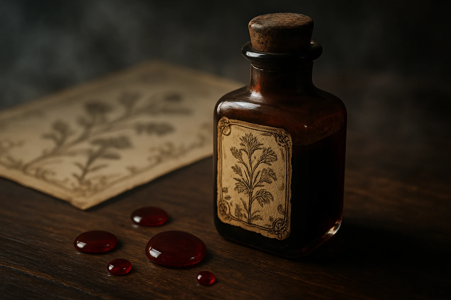 Egy sötét üvegpalack, amelyben vörös folyadék látható, mellette növényi motívumú papír.