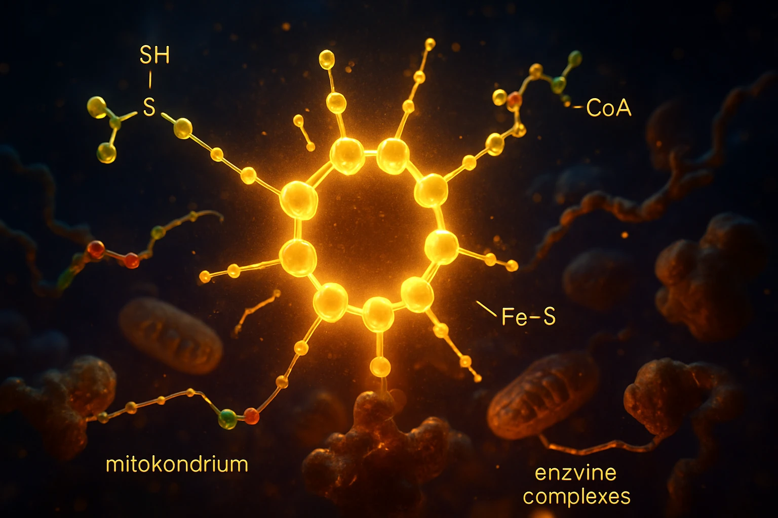 Molekuláris struktúra, amely a mitokondriumokban található enzimeket és komplexeket ábrázolja.