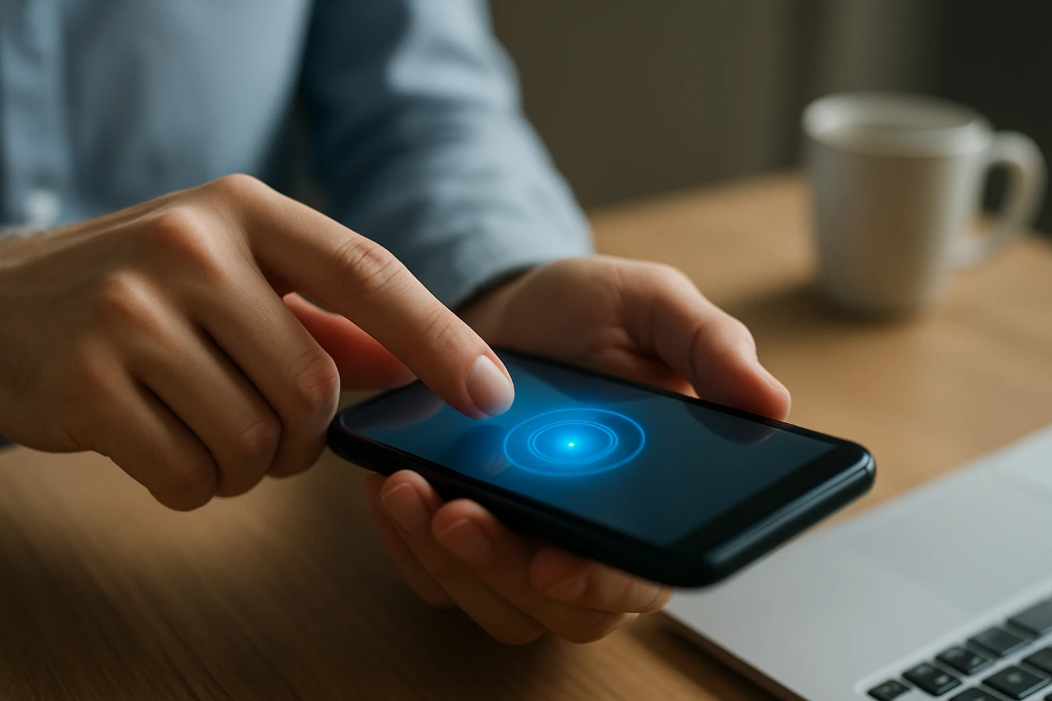 Egy kéz érinti a telefon kijelzőjét, amelyen kék fény látható.