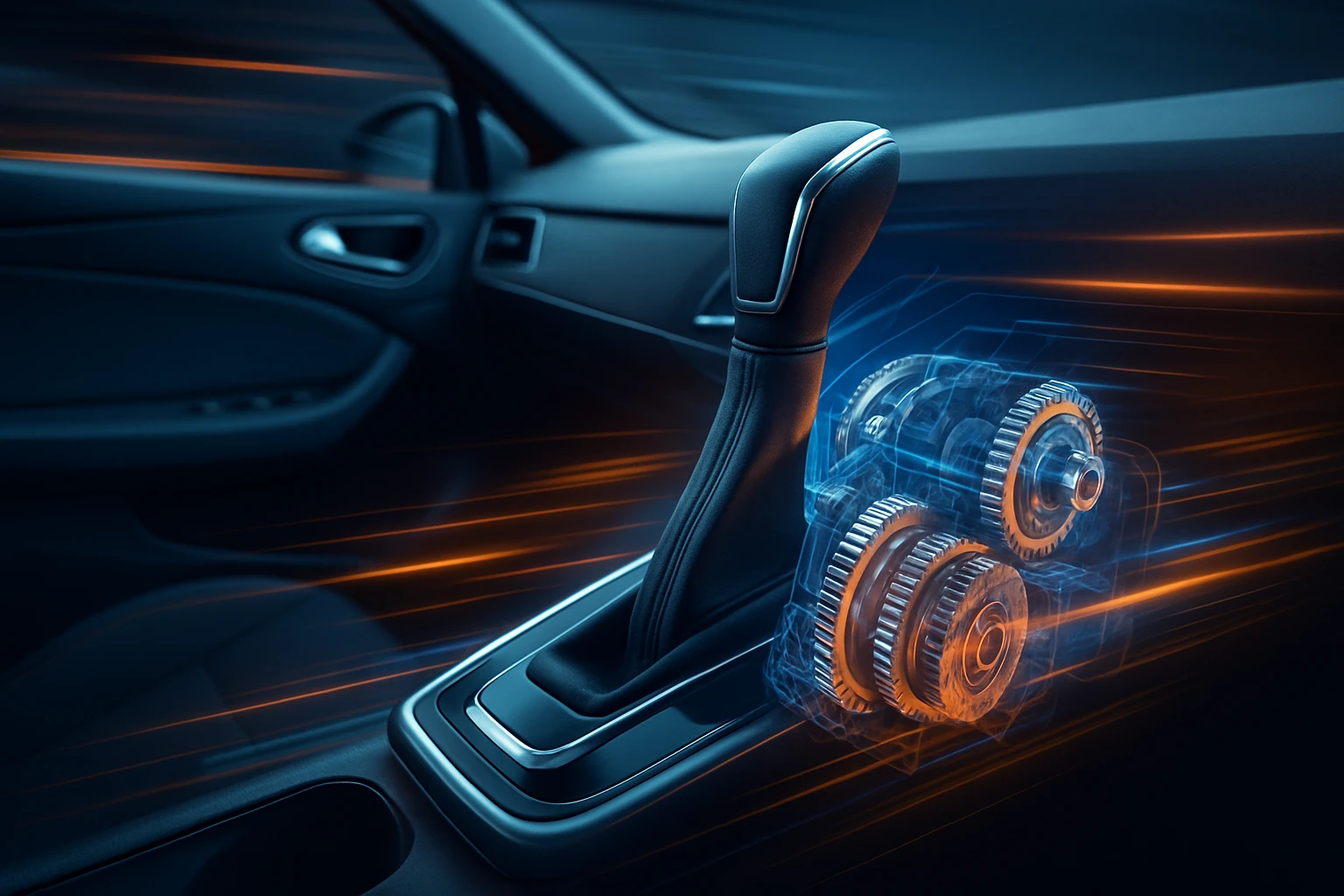 Egy modern autó váltókarja, mellette áttetsző fogaskerekek láthatók.