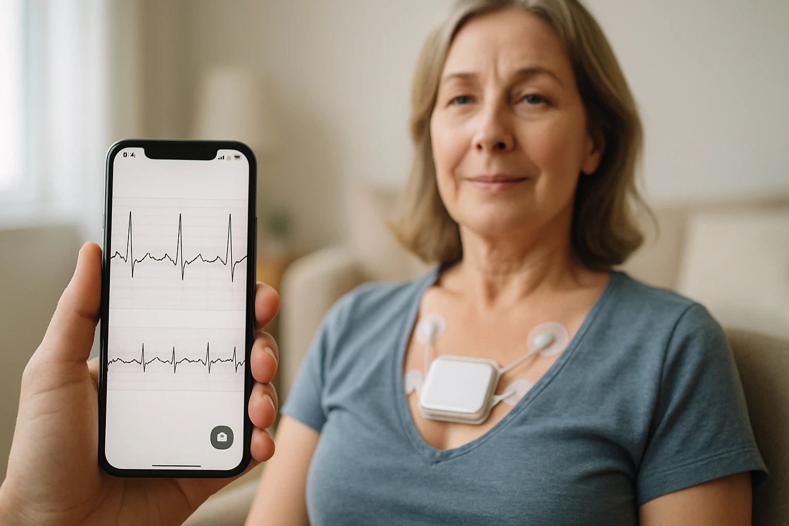 Idős nő, aki egy okostelefonon látható EKG-görbét néz, mellkasán érzékelőkkel.