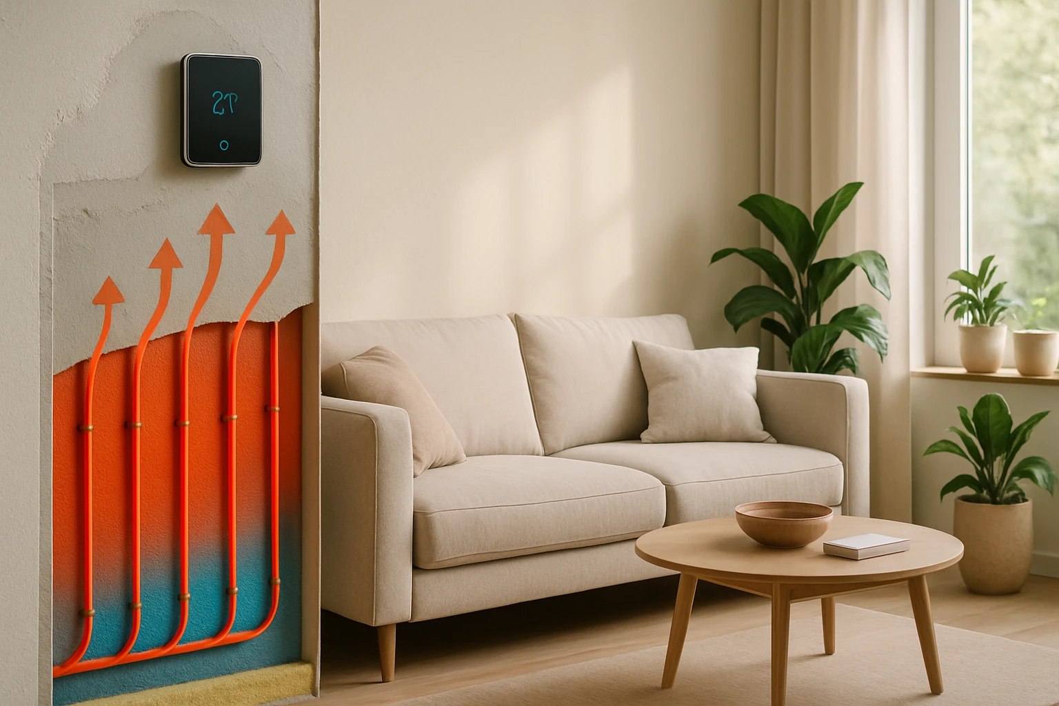 Egy modern nappali, ahol a falból fűtőcsövek és termosztát látható.