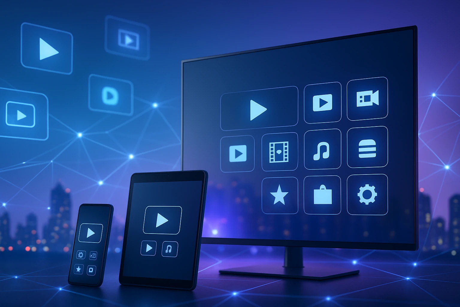 Két mobiltelefon és egy monitor, mindegyik különböző médiakontroll ikonokkal.