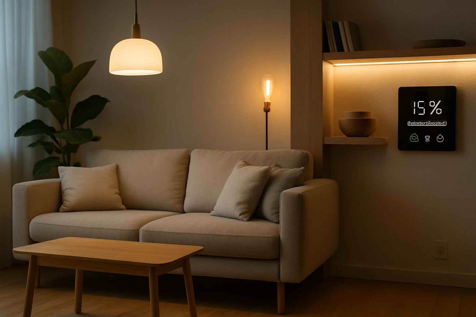 Egy világos színű kanapé, mellette fénnyel megvilágított polc és növény.