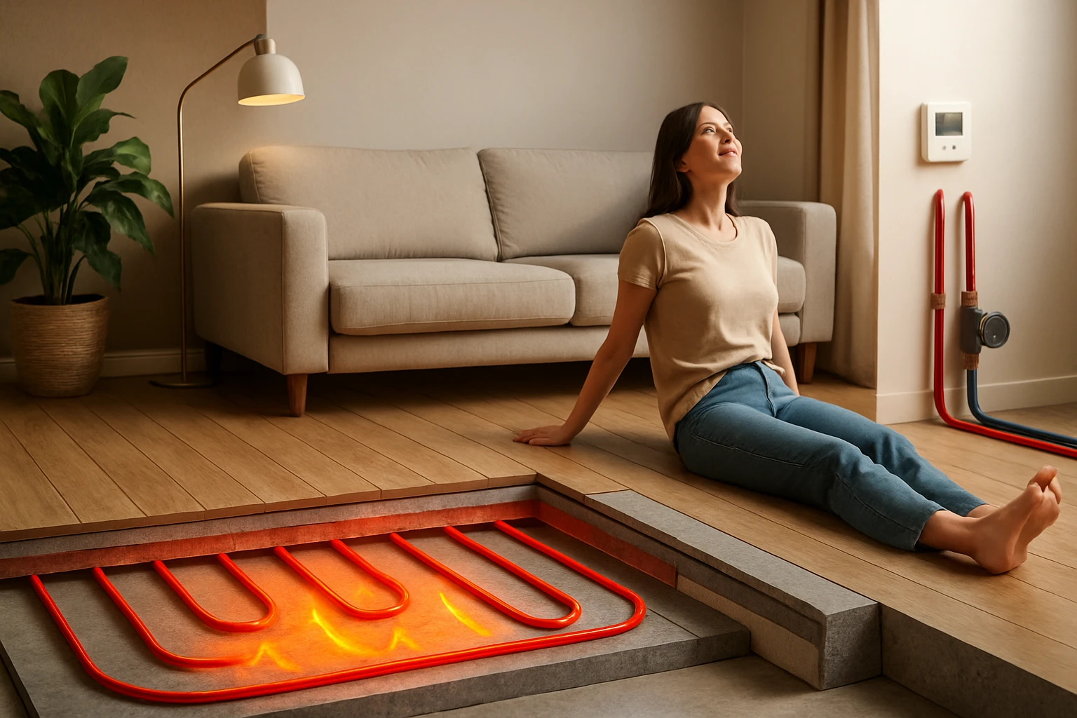 Egy nő relaxál a padlón, a fűtőcsövek láthatók a háttérben.