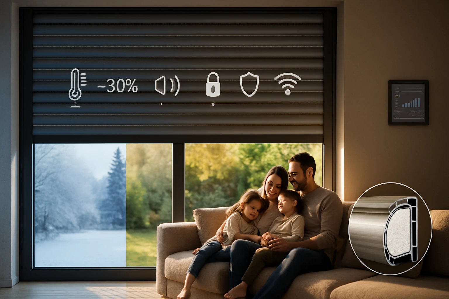 Egy család ül a kanapén, miközben a modern redőnyök mögött téli és nyári táj látható.