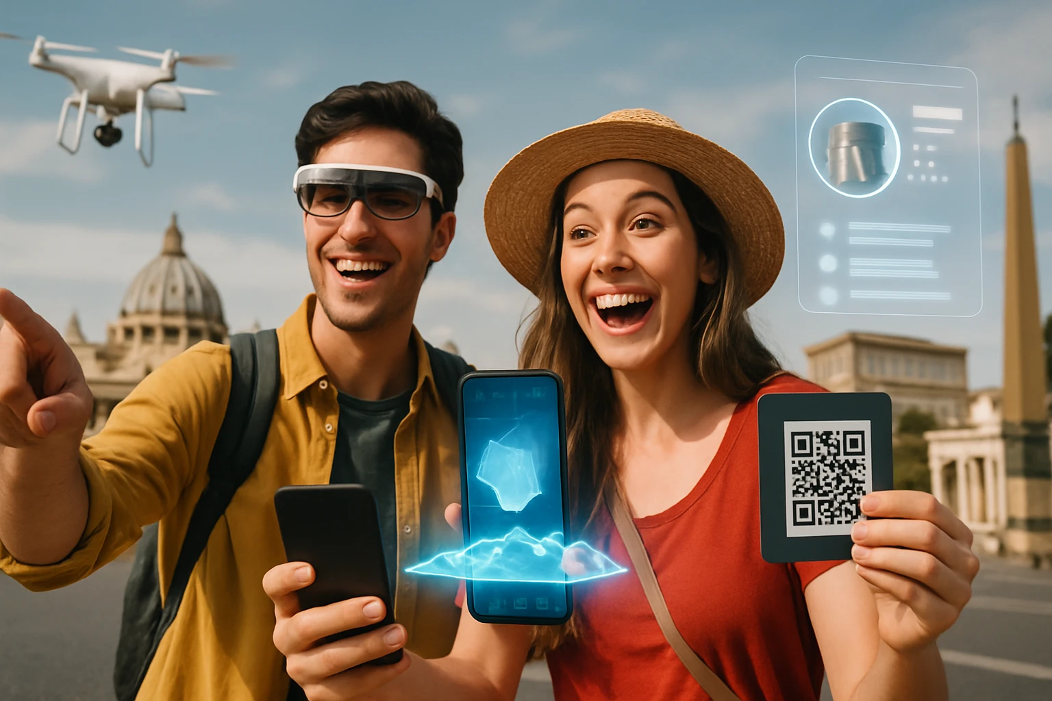 Két fiatal, boldog ember okostelefonnal és drónnal, modern technológiát használva.