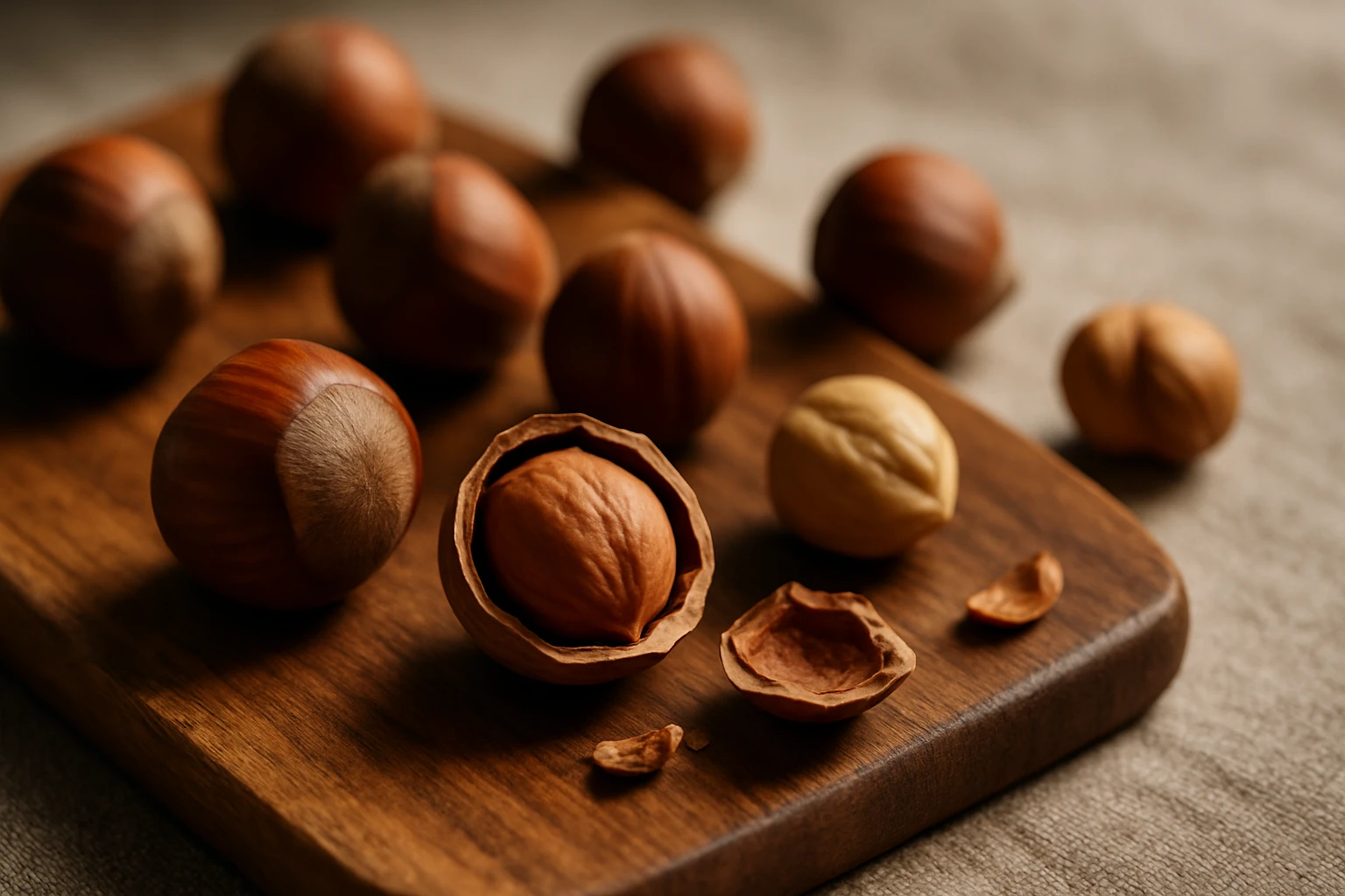 Mogyoró – miért érdemes rendszeresen fogyasztani 8 Félbevágott mogyorók és egész mogyorók egy fából készült deszkán.