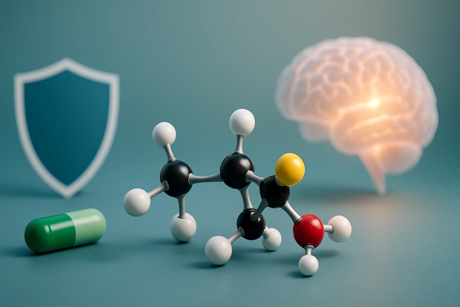 Molekulák és gyógyszer kapszula, háttérben agy szimbólummal.