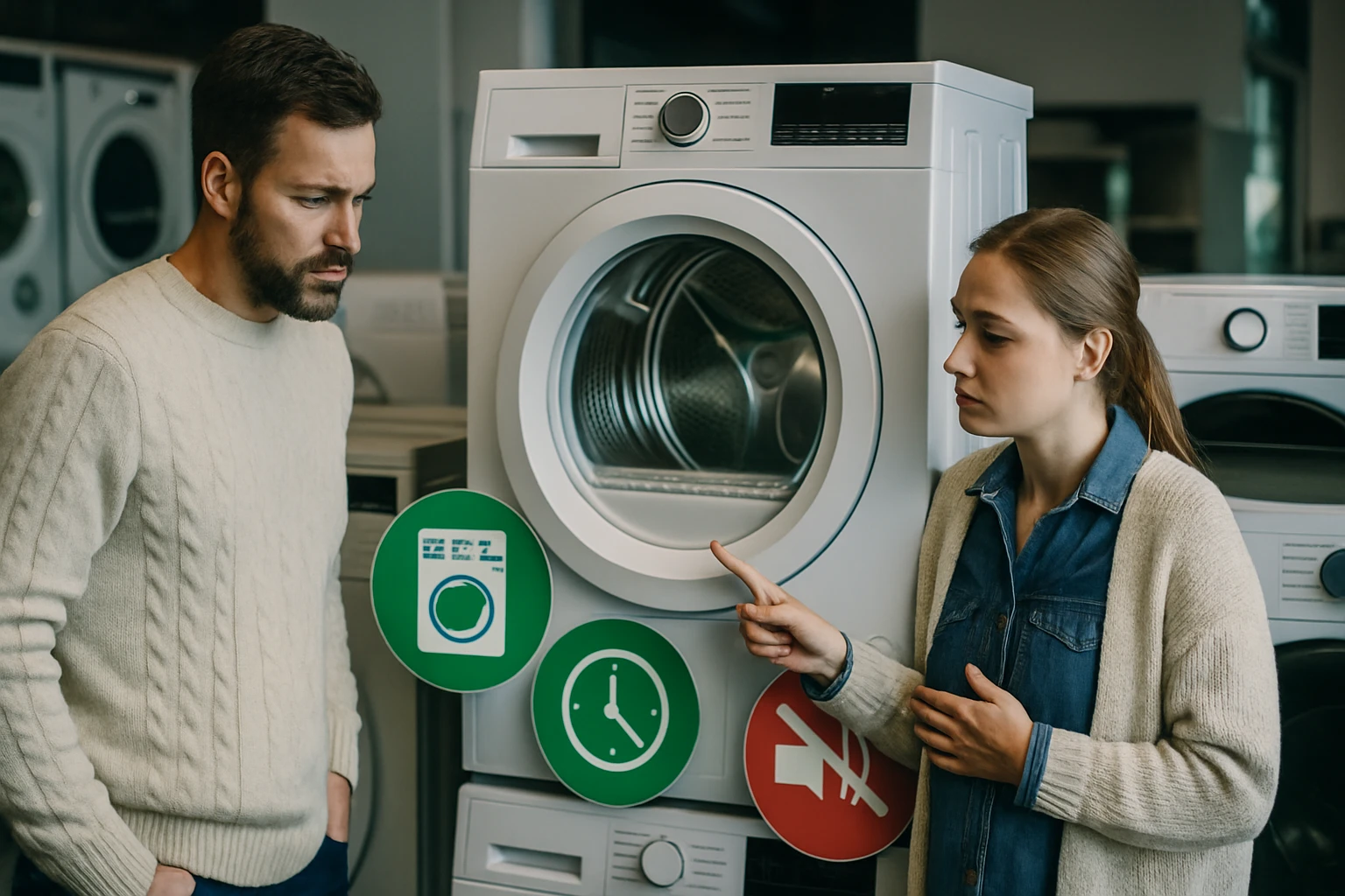 Egy férfi és egy nő egy mosógép előtt állnak, a nő mutat a gép funkcióira.