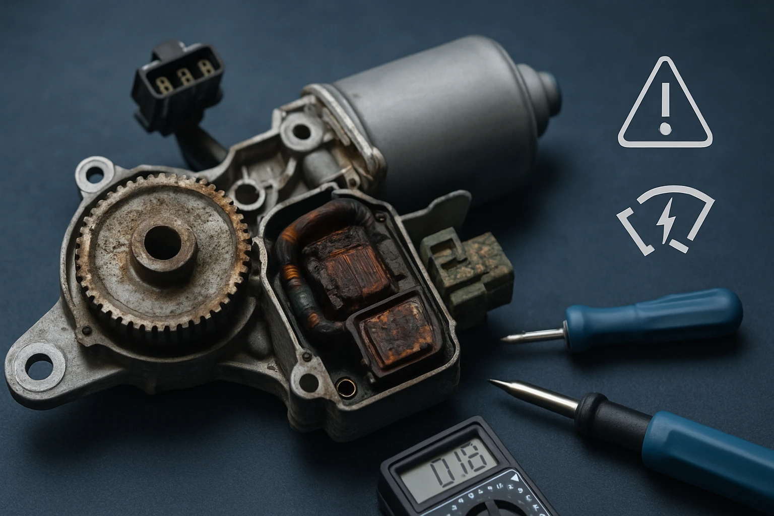 Egy motor alkatrésze, láthatóan kopott és szennyezett állapotban, szerszámokkal és egy digitális mérőműszerrel.