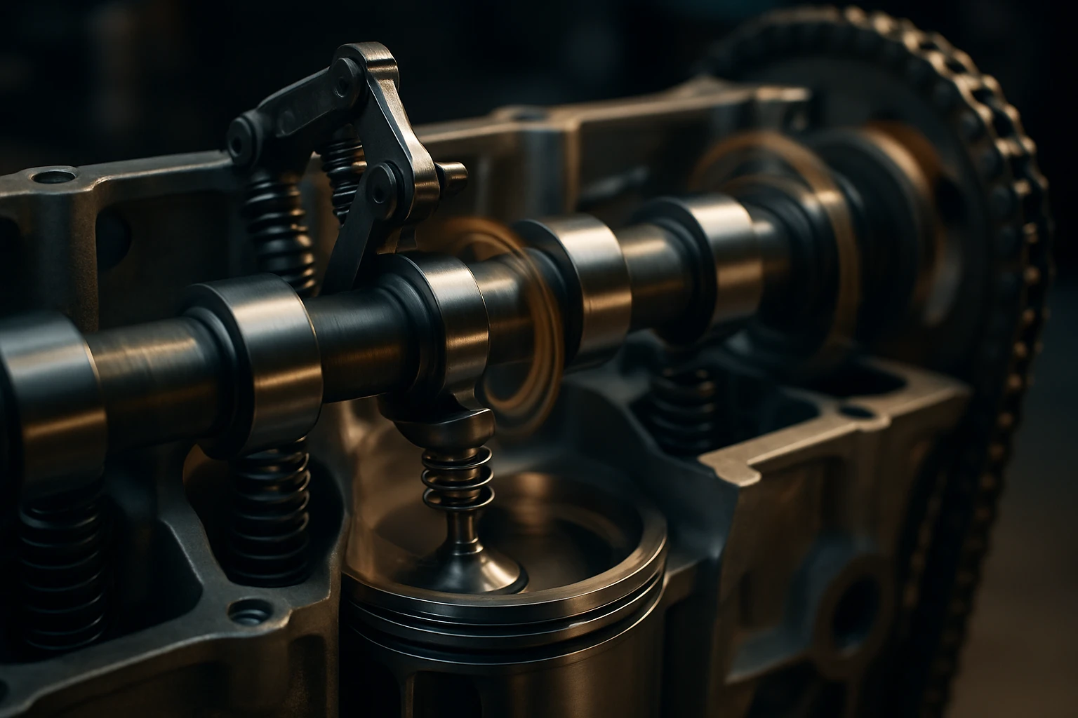 Egy motor alkatrésze, a vezérműtengely és a szelepek részletes képe.