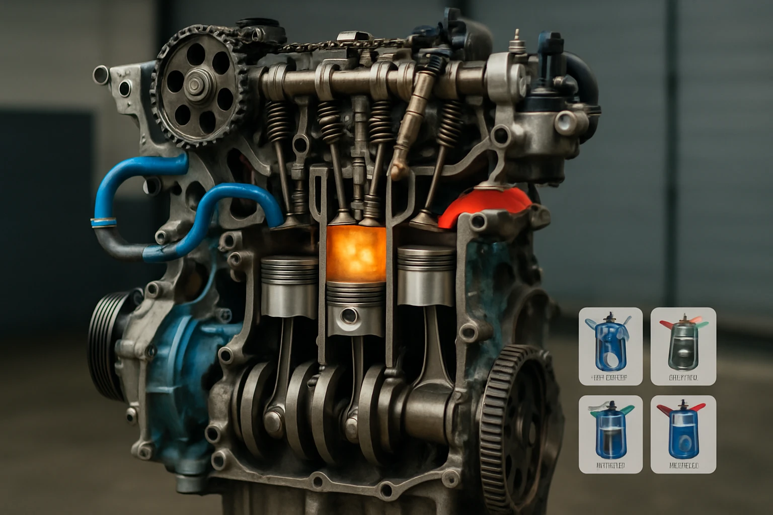 Egy motor belső szerkezete, látható dugattyúk és égés folyamat.