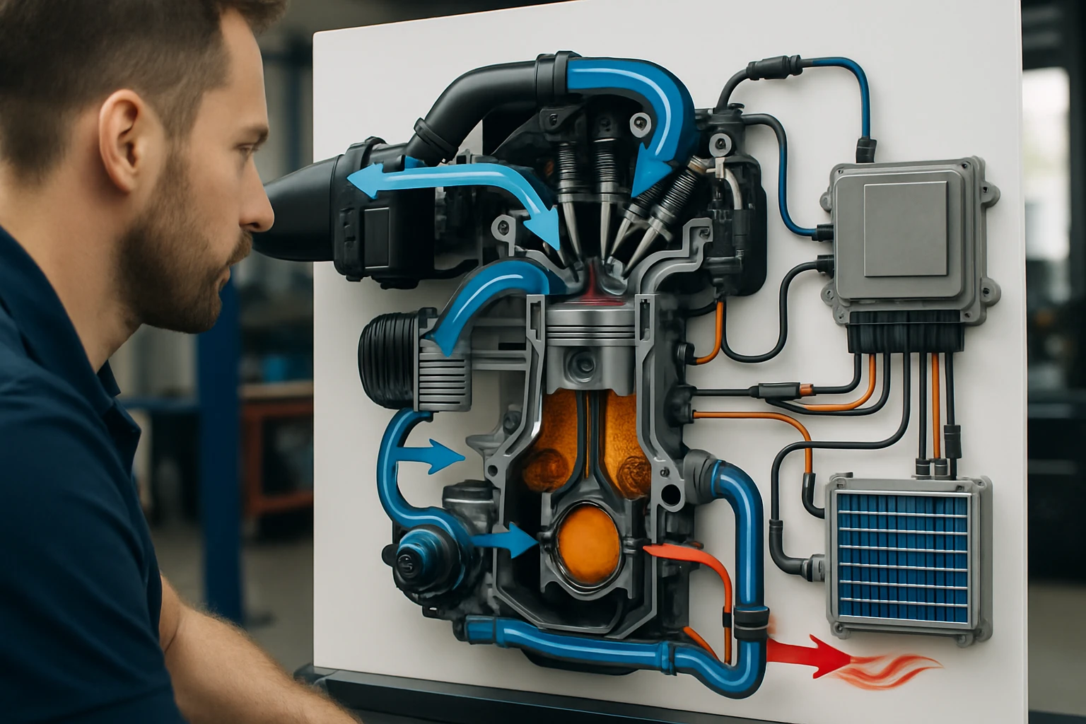 Egy férfi egy motor működését bemutató diagramot néz, amelyen színes csövek láthatók.