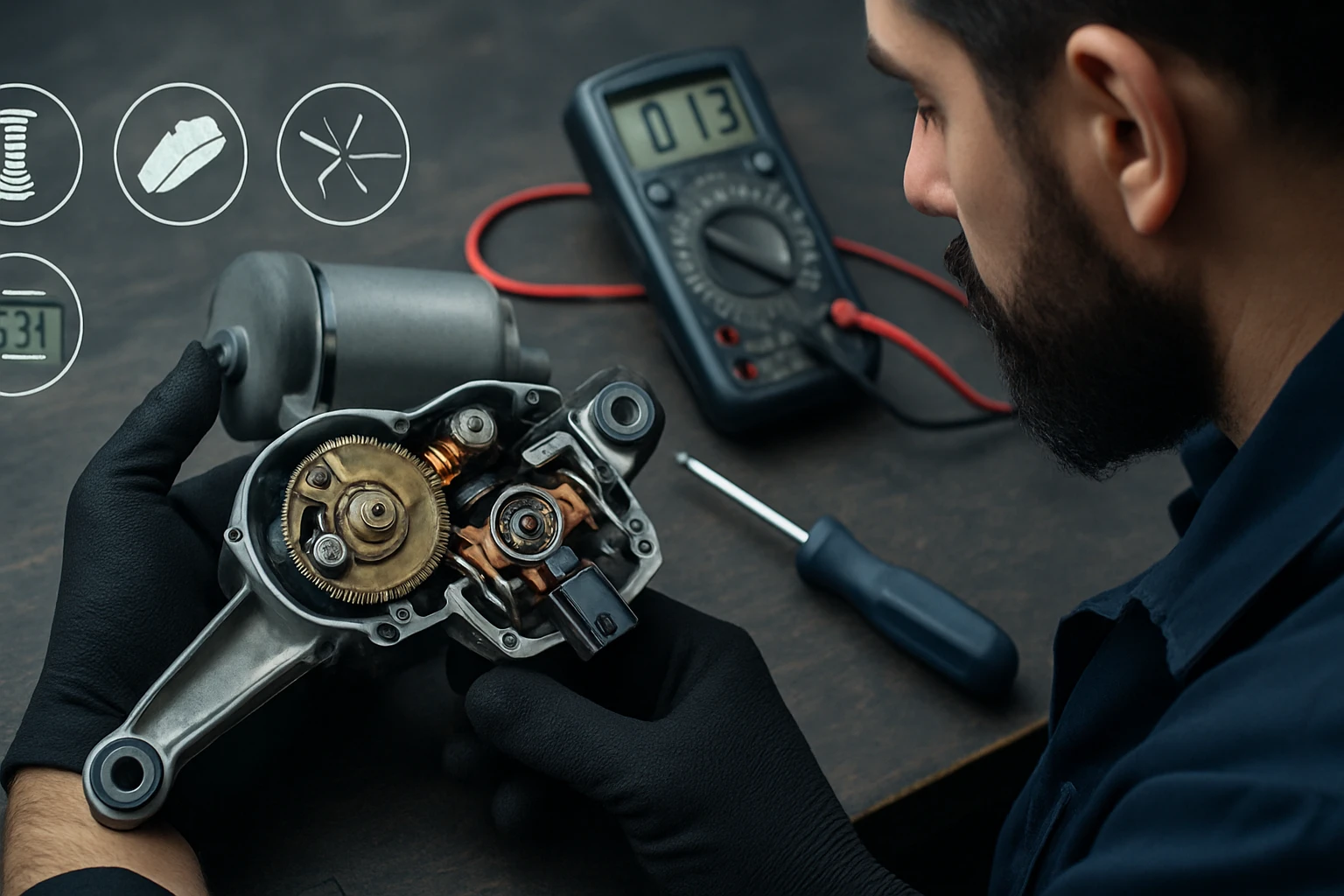 Egy férfi motoralkatrészt vizsgál, miközben multimetert használ.