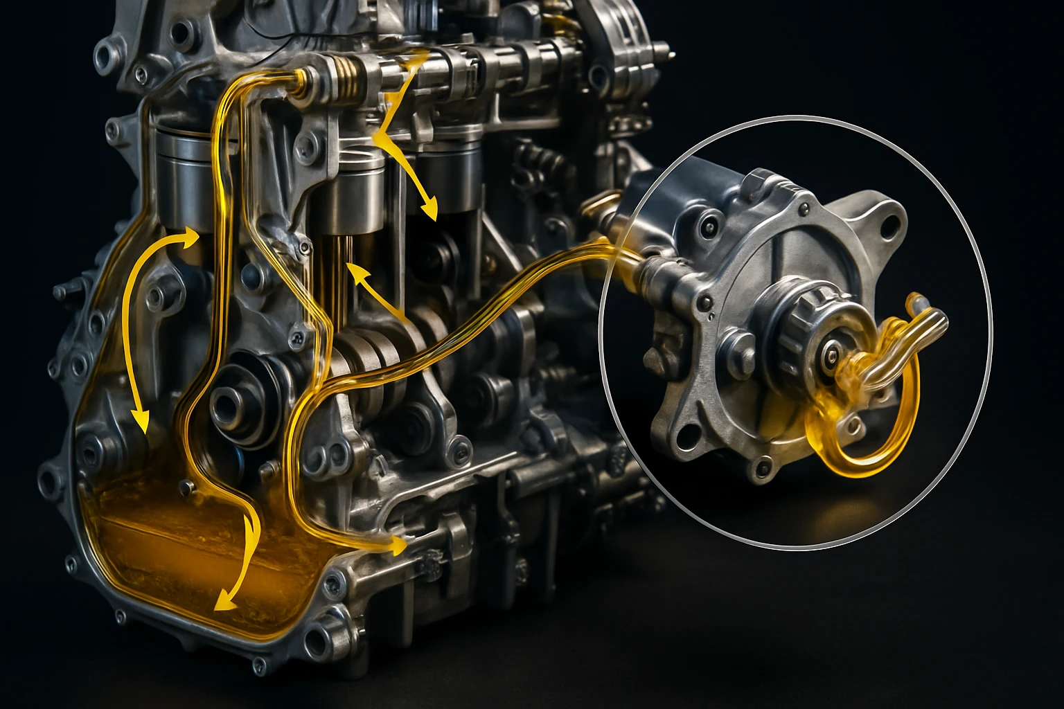 Egy motorblokk részletes képe, látható olajáramlással és alkatrészekkel.