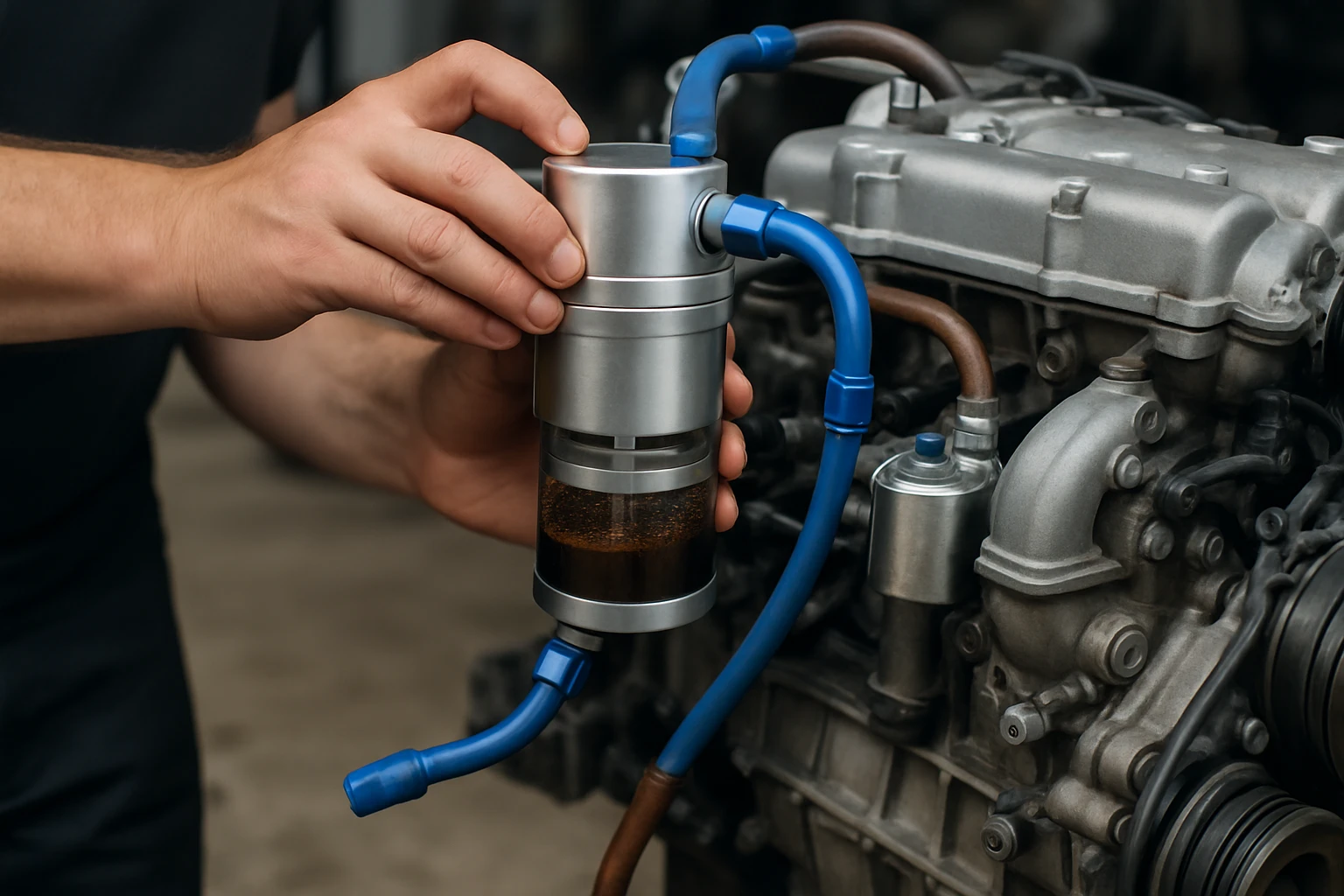 Egy kéz egy motorolaj szűrőt szerel a motorra, látható a motor részletei.