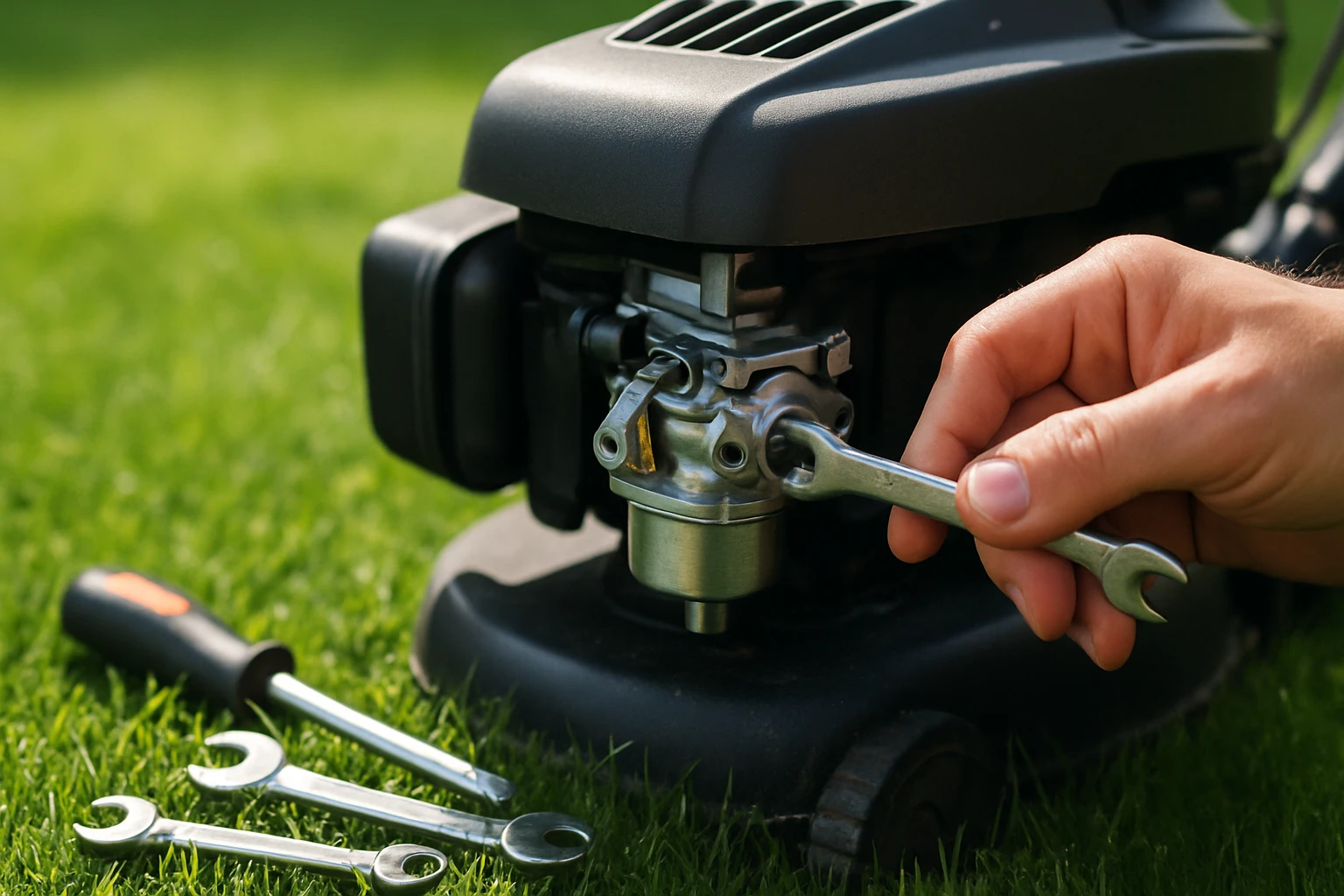 Egy kéz motoros fűnyíró karburátorán dolgozik, szerszámokkal a fűben.