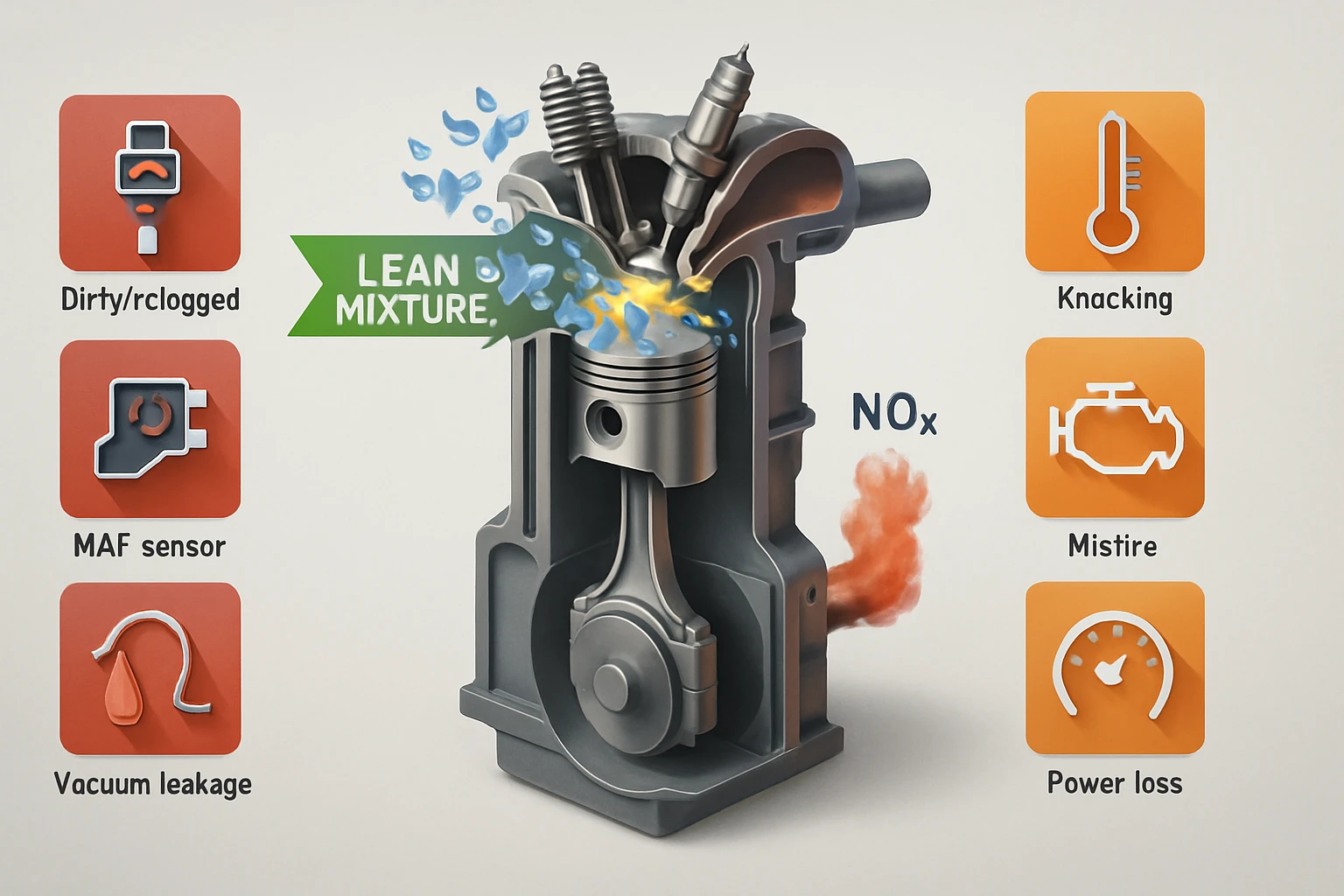 Egy motorblokk metszete, amelyen látható a gyújtás és a keverék problémái.